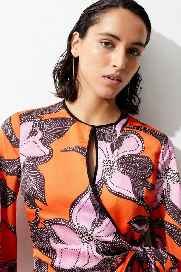Batik Floral Placed Hammered Satin Wrap Top Orange Women Karen Millen Tops