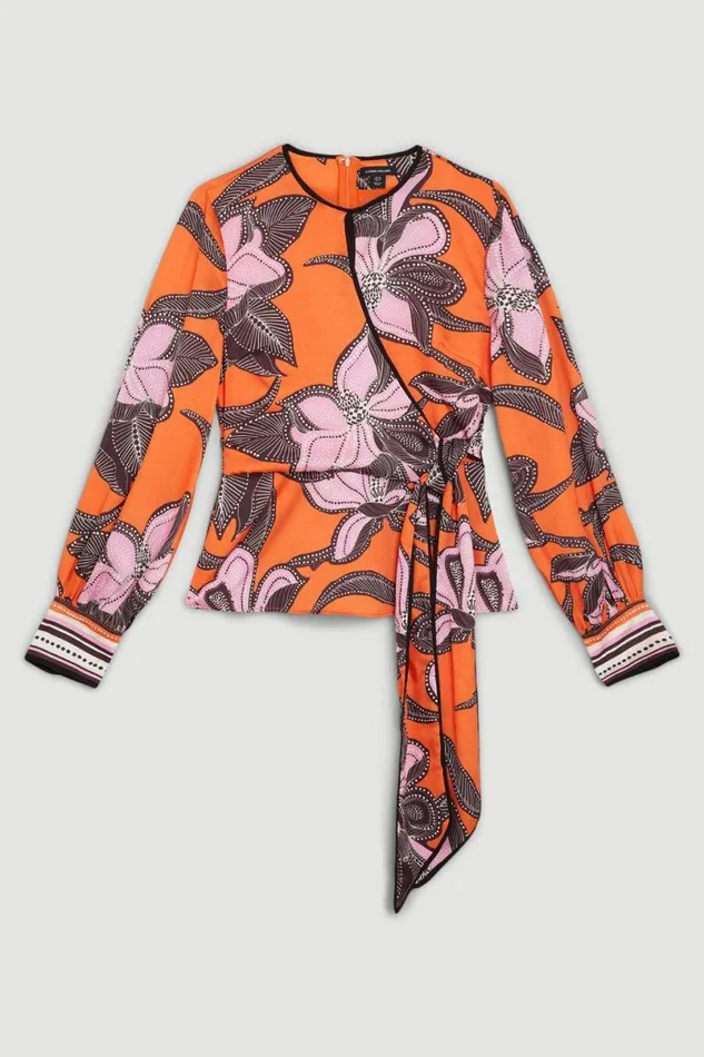 Batik Floral Placed Hammered Satin Wrap Top Orange Women Karen Millen Tops