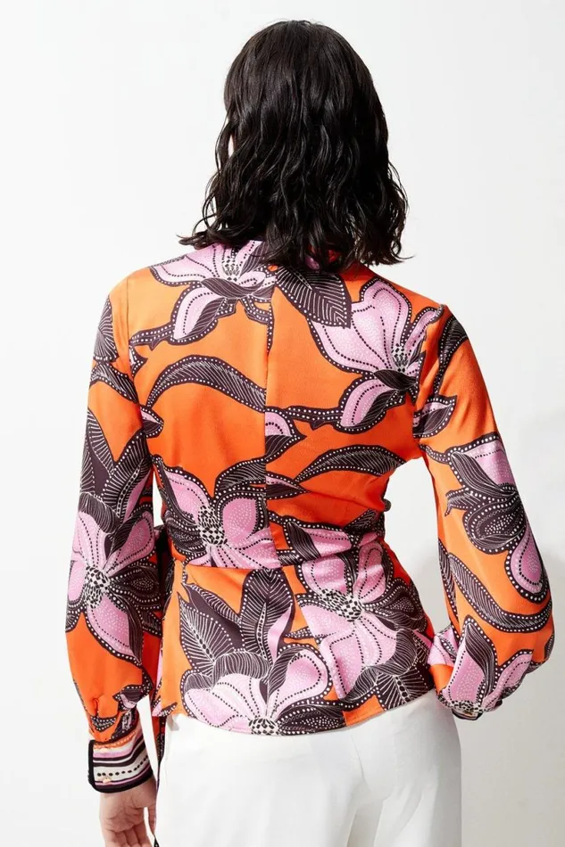 Batik Floral Placed Hammered Satin Wrap Top Orange Women Karen Millen Tops