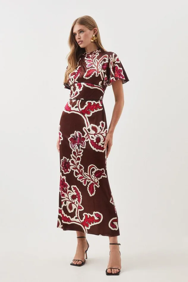 Batik Viscose Satin Angel Sleeve Woven Midi Dress Floral Women Karen Millen Dresses