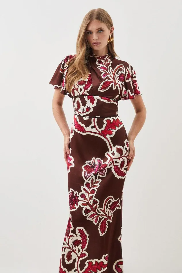 Batik Viscose Satin Angel Sleeve Woven Midi Dress Floral Women Karen Millen Dresses