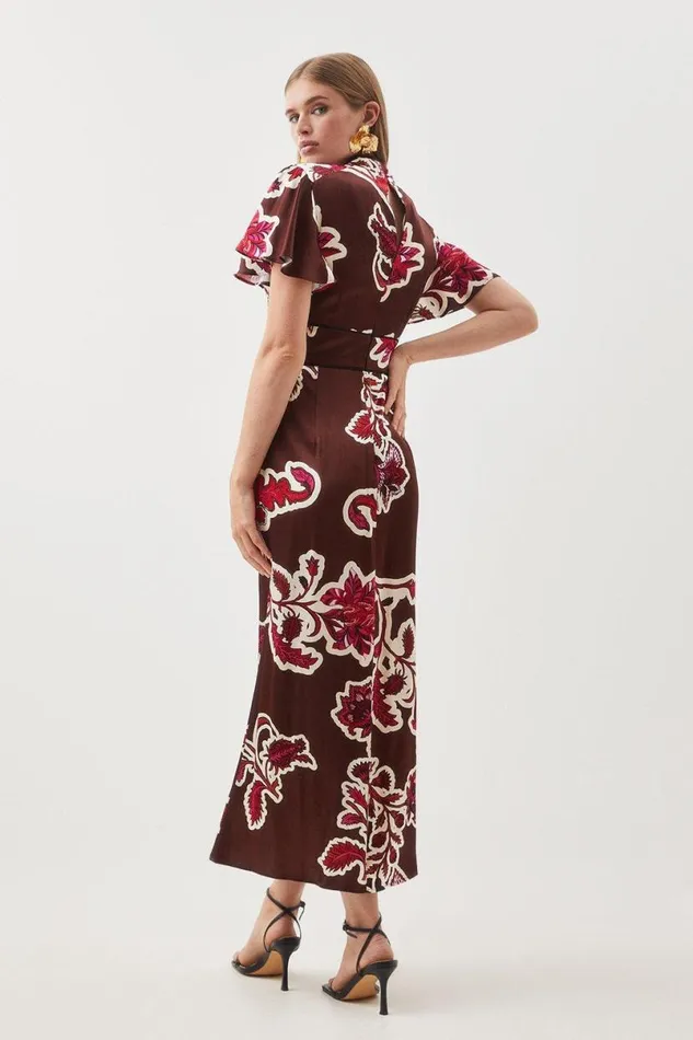 Batik Viscose Satin Angel Sleeve Woven Midi Dress Floral Women Karen Millen Dresses