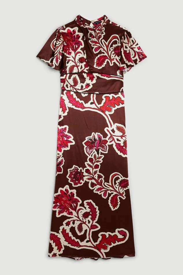 Batik Viscose Satin Angel Sleeve Woven Midi Dress Floral Women Karen Millen Dresses