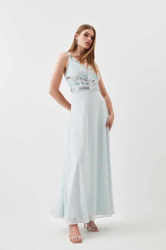 Beaded Embellished Woven Maxi Dress Sage Women Karen Millen Dresses