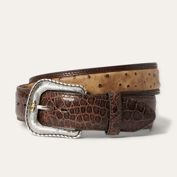Belts Men Stetson Ostrich Print Croco Embossed Western Tabs Belt Cognaccalifornia Nut