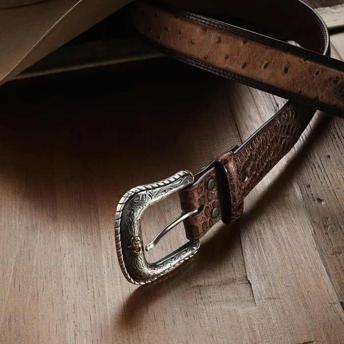 Belts Men Stetson Ostrich Print Croco Embossed Western Tabs Belt Cognaccalifornia Nut