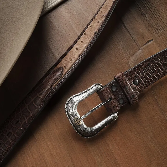 Belts Men Stetson Ostrich Print Croco Embossed Western Tabs Belt Cognaccalifornia Nut