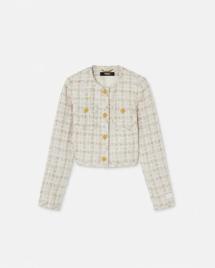 Blazer and Jackets Women Versace Tweed Cardigan Jacket Whitegold