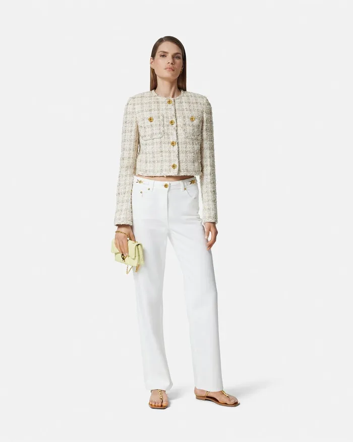 Blazer and Jackets Women Versace Tweed Cardigan Jacket Whitegold