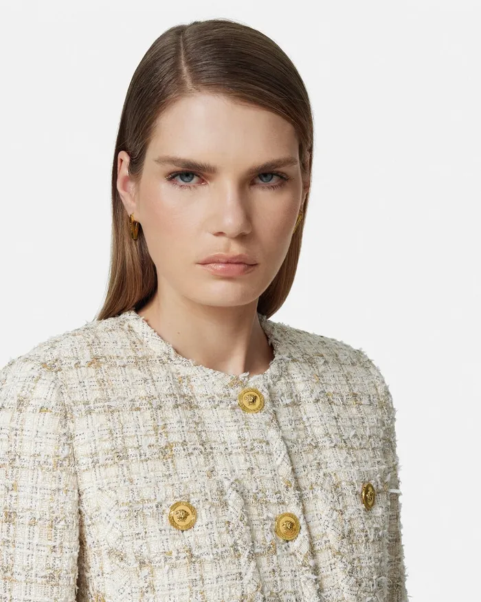Blazer and Jackets Women Versace Tweed Cardigan Jacket Whitegold