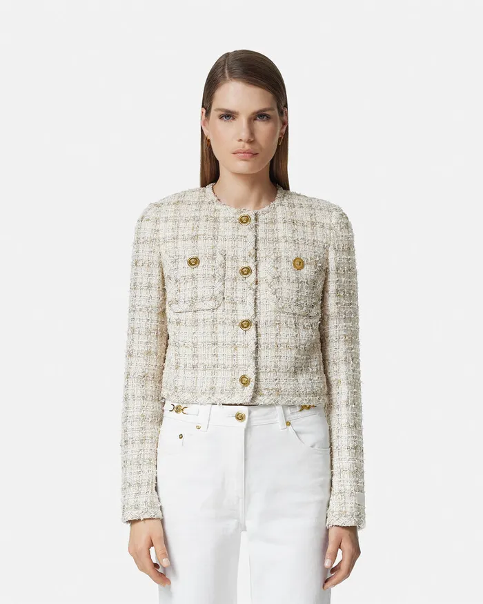 Blazer and Jackets Women Versace Tweed Cardigan Jacket Whitegold