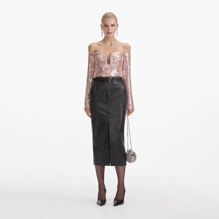 Bottoms Women Self Portrait Black Leather Midi Skirt