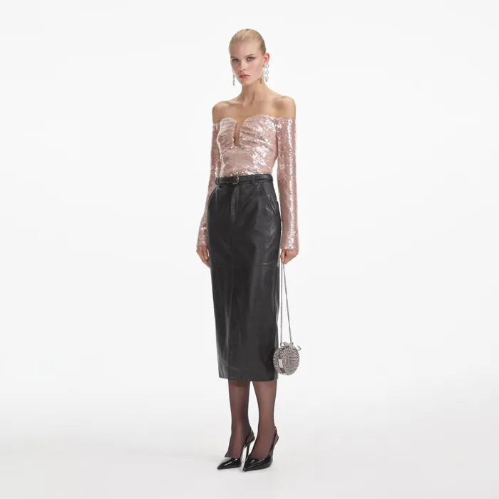 Bottoms Women Self Portrait Black Leather Midi Skirt