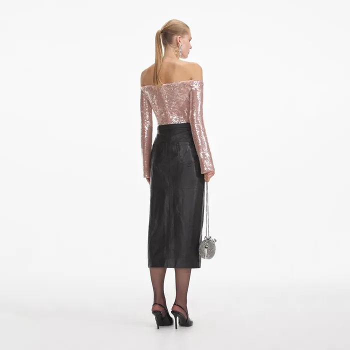 Bottoms Women Self Portrait Black Leather Midi Skirt