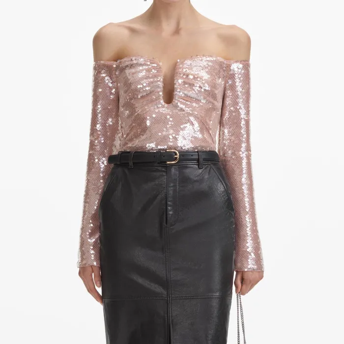 Bottoms Women Self Portrait Black Leather Midi Skirt