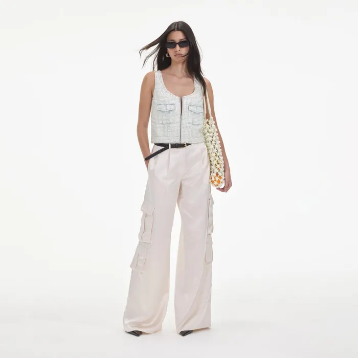 Bottoms Women Self Portrait Cream Satin Cargo Trousers