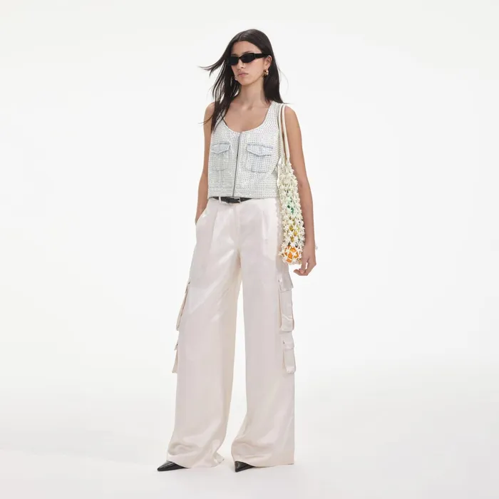 Bottoms Women Self Portrait Cream Satin Cargo Trousers