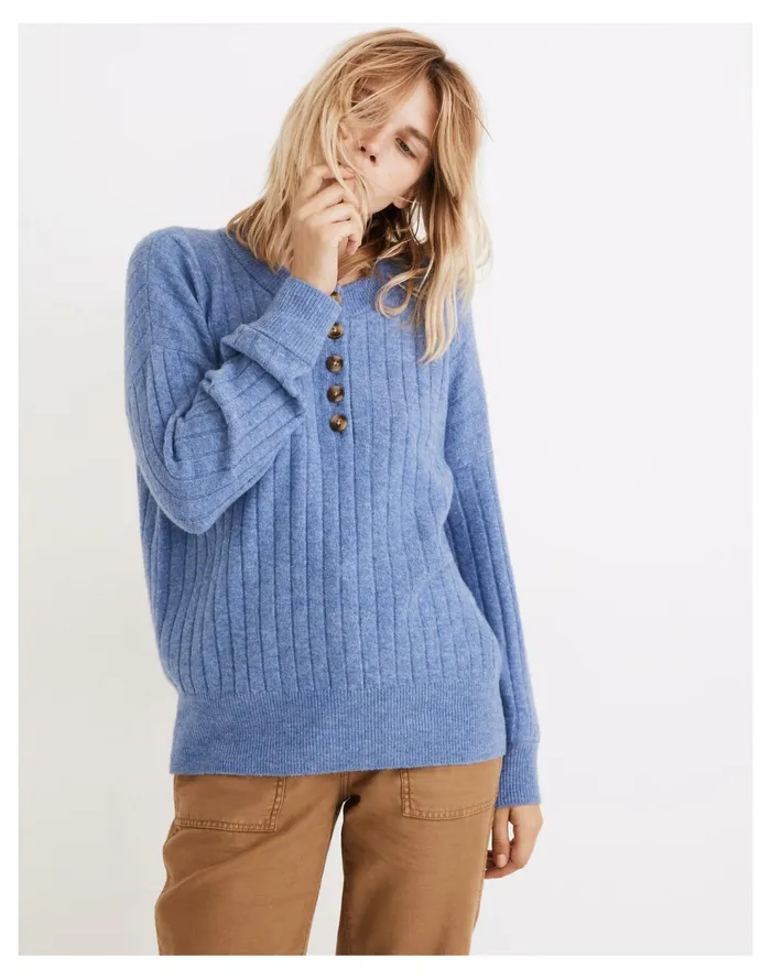 Bowden Henley Sweater In Coziest Yarn Heather Sky Women Madewell Sweaters