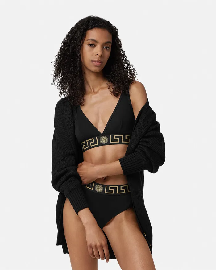 Bras and Briefs Women Versace Greca Border Triangle Bralette Black