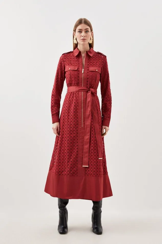Broderie Cotton Mix Zip Woven Midi Dress Rust Women Karen Millen Dresses