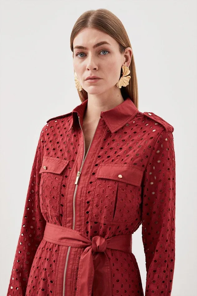 Broderie Cotton Mix Zip Woven Midi Dress Rust Women Karen Millen Dresses