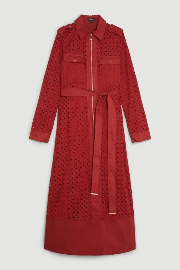 Broderie Cotton Mix Zip Woven Midi Dress Rust Women Karen Millen Dresses
