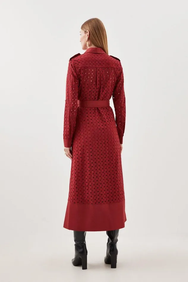 Broderie Cotton Mix Zip Woven Midi Dress Rust Women Karen Millen Dresses
