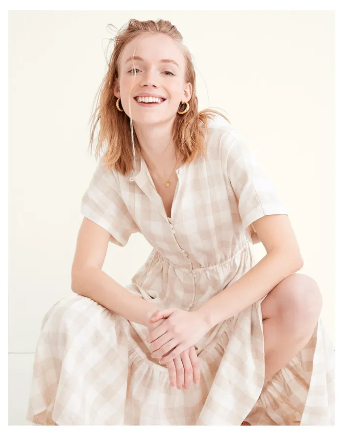 Button Front Tiered Midi Dress Natural Linen Yd Women Madewell Dresses