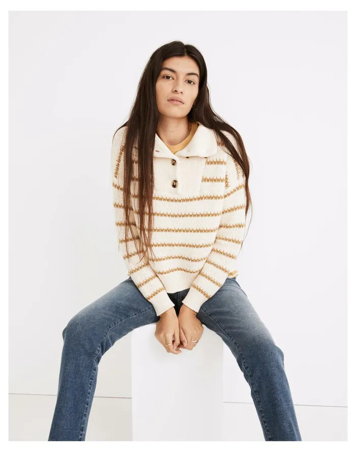 Canby Button Mockneck Sweater In Stripe Antique Cream Women Madewell Sweaters