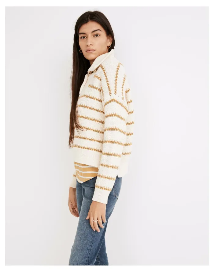 Canby Button Mockneck Sweater In Stripe Antique Cream Women Madewell Sweaters