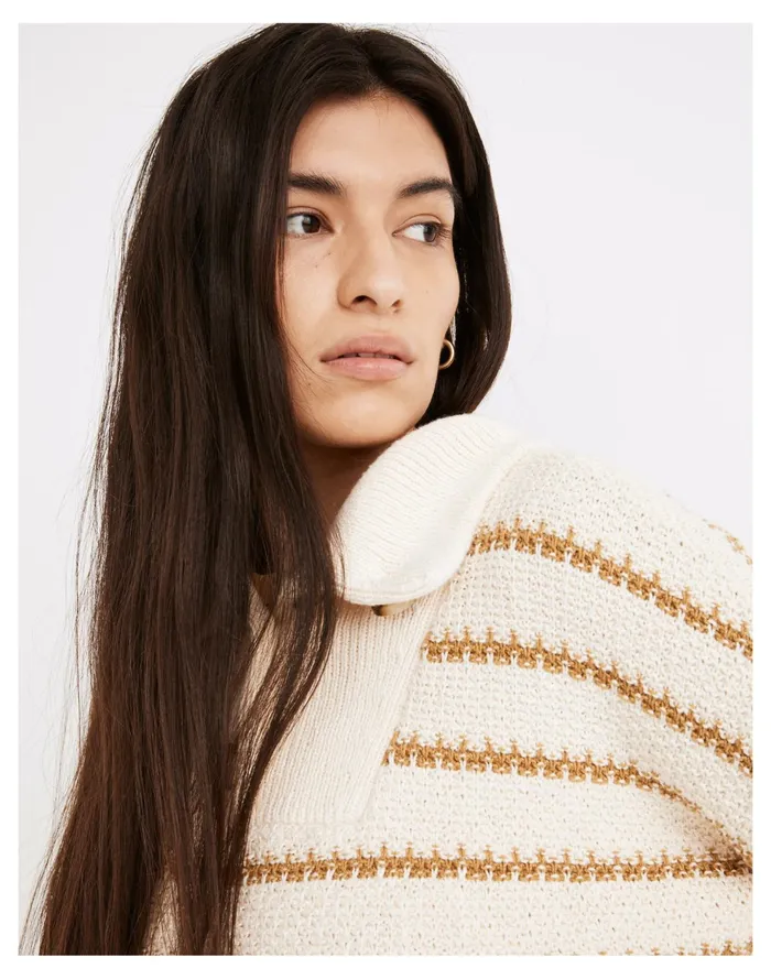 Canby Button Mockneck Sweater In Stripe Antique Cream Women Madewell Sweaters