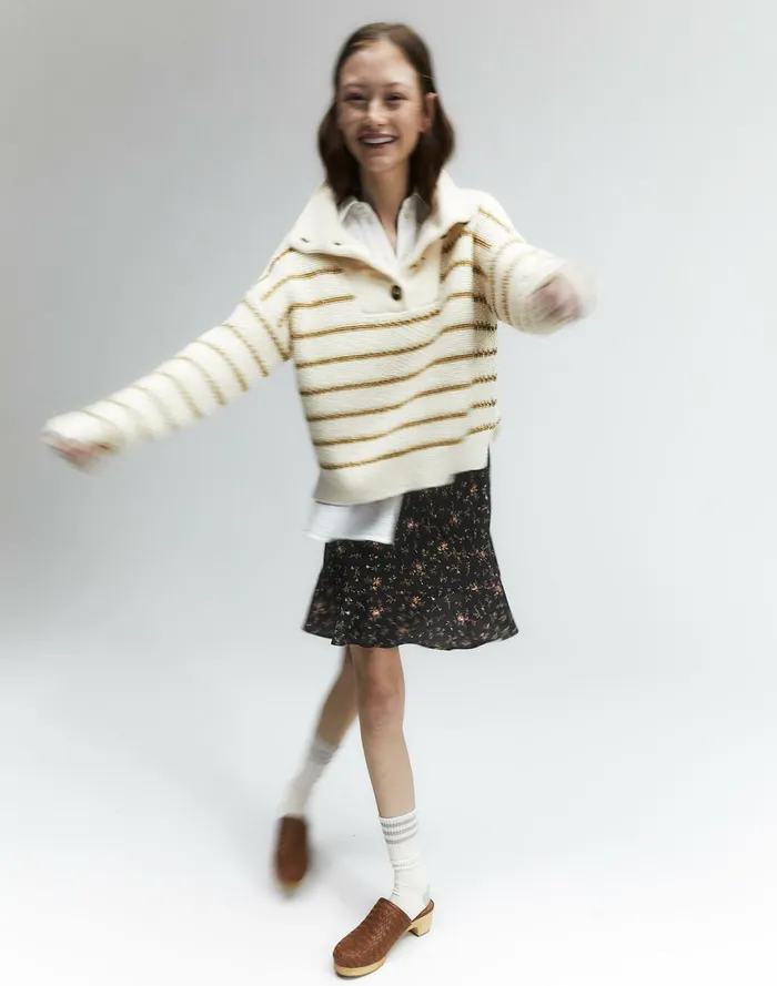 Canby Button Mockneck Sweater In Stripe Antique Cream Women Madewell Sweaters