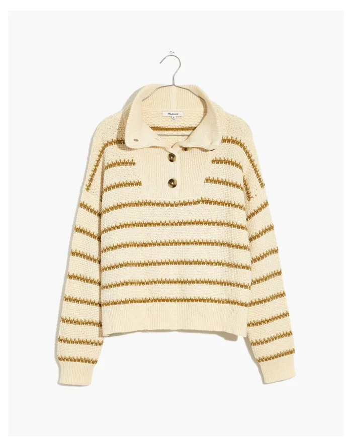 Canby Button Mockneck Sweater In Stripe Antique Cream Women Madewell Sweaters
