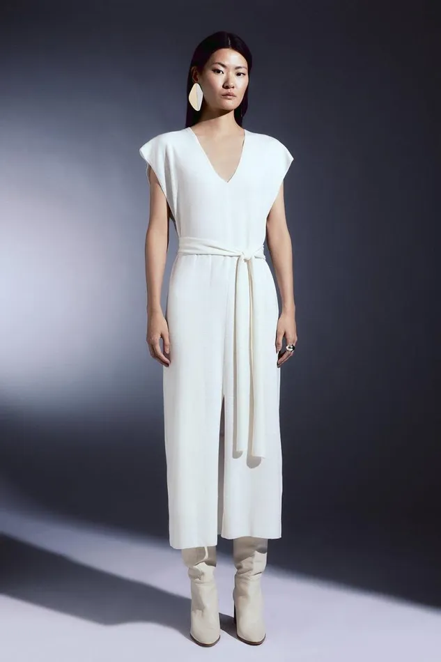Cashmere Blend V Neck Column Belted Midaxi Dress Ivory Women Karen Millen Dresses