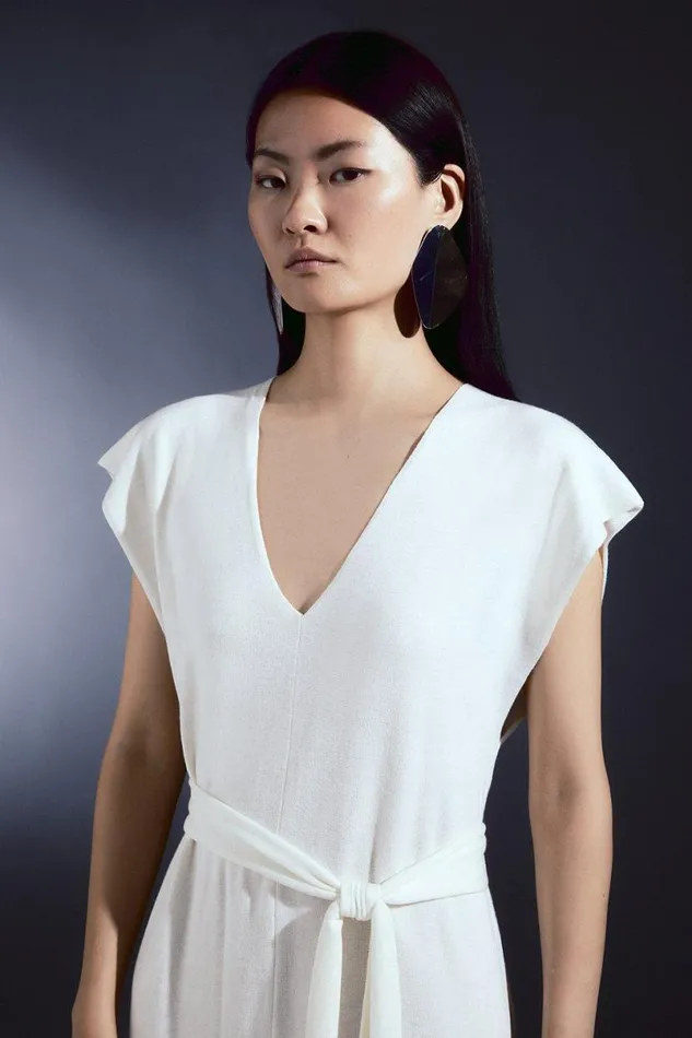 Cashmere Blend V Neck Column Belted Midaxi Dress Ivory Women Karen Millen Dresses