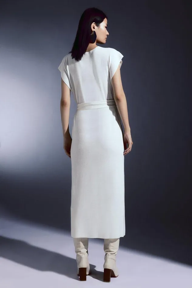 Cashmere Blend V Neck Column Belted Midaxi Dress Ivory Women Karen Millen Dresses