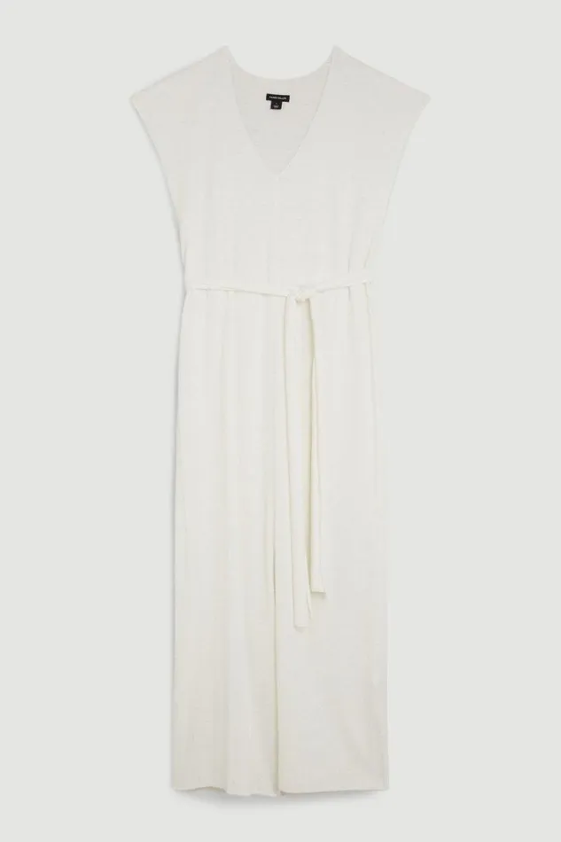 Cashmere Blend V Neck Column Belted Midaxi Dress Ivory Women Karen Millen Dresses