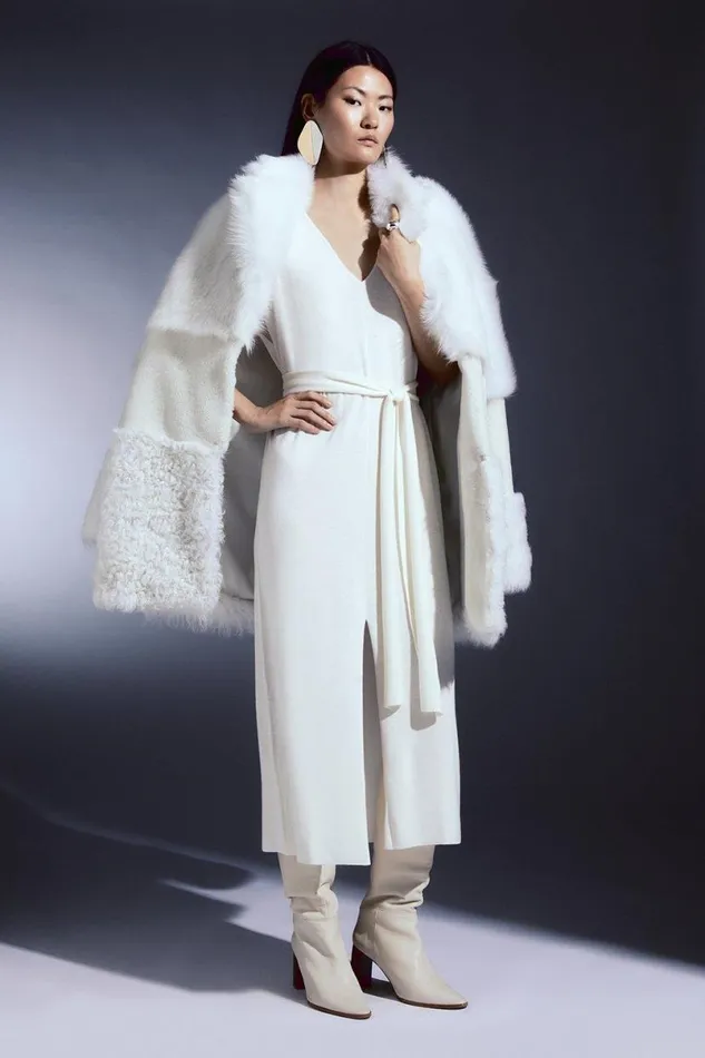 Cashmere Blend V Neck Column Belted Midaxi Dress Ivory Women Karen Millen Dresses