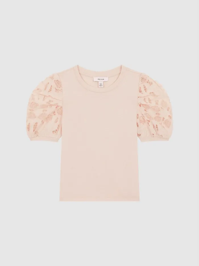 Children Alberta Floral Lace Puff Sleeve TShirt Pink Reiss Tops and Tshirts