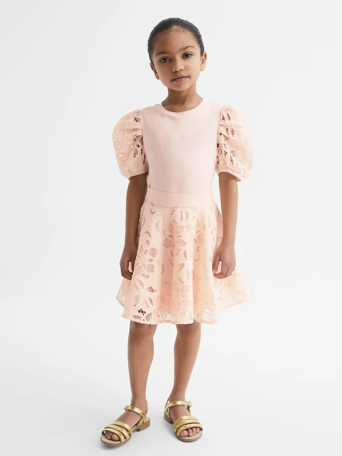 Children Alberta Floral Lace Puff Sleeve TShirt Pink Reiss Tops and Tshirts