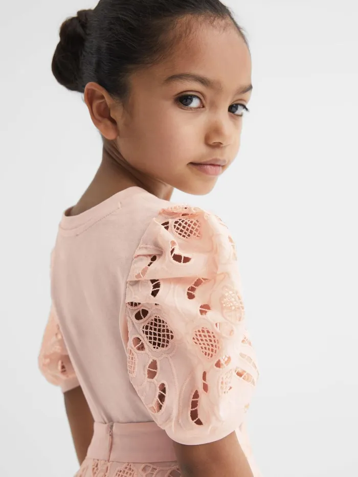 Children Alberta Floral Lace Puff Sleeve TShirt Pink Reiss Tops and Tshirts