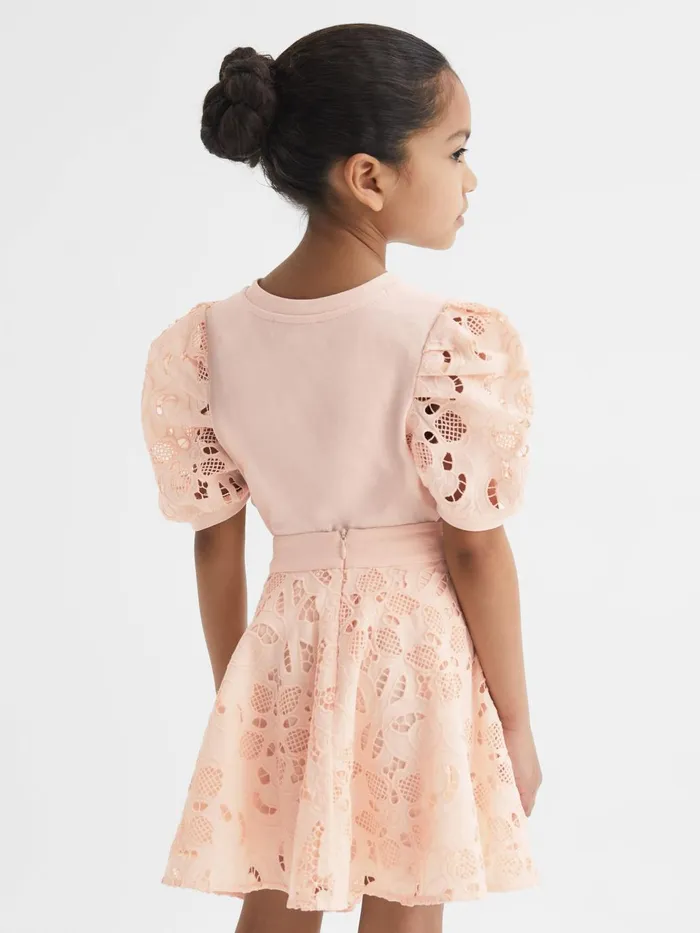 Children Alberta Floral Lace Puff Sleeve TShirt Pink Reiss Tops and Tshirts