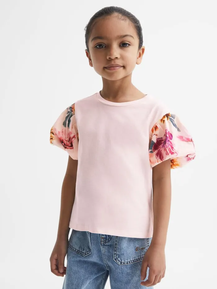 Children Amira Floral Print Puff Sleeve TShirt Ivory Reiss Tops and Tshirts