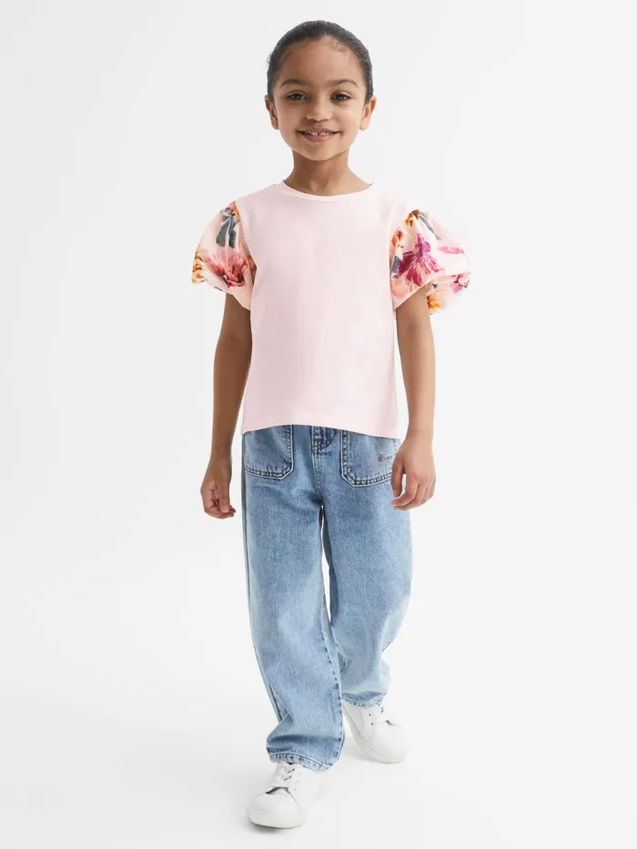 Children Amira Floral Print Puff Sleeve TShirt Ivory Reiss Tops and Tshirts