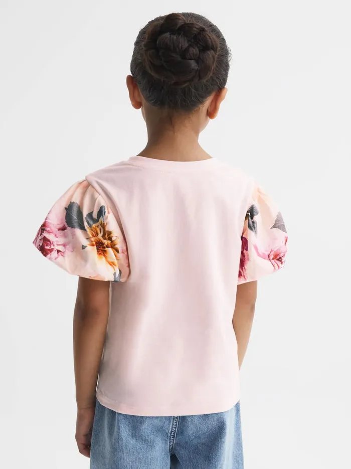 Children Amira Floral Print Puff Sleeve TShirt Ivory Reiss Tops and Tshirts
