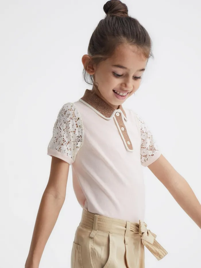 Children Eliza Lace Back Polo Pink Reiss Knitwear
