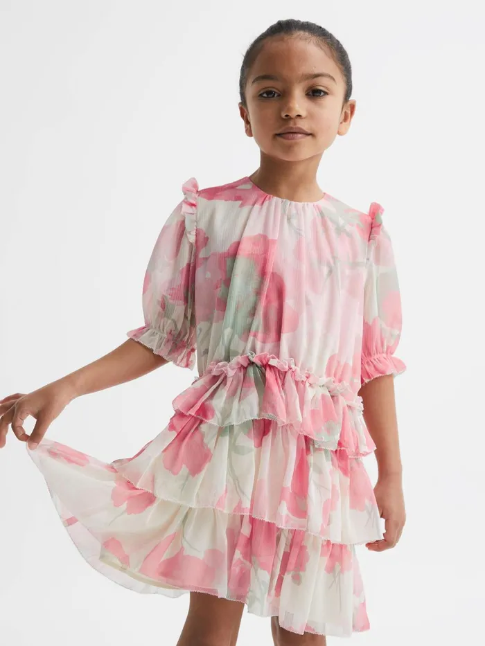 Children Henrietta Printed Tiered Dress Pink Print Reiss Dresses and Jumpsuits