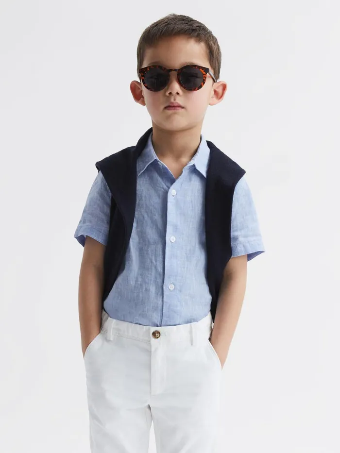 Children Holiday Junior Short Sleeve Linen Shirt Soft Blue Reiss Shirts