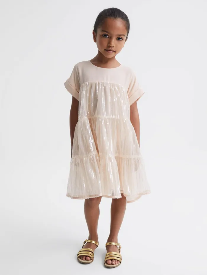 Children Luci Sequin Tiered Dress Pale Pink Reiss Dresses and Jumpsuits