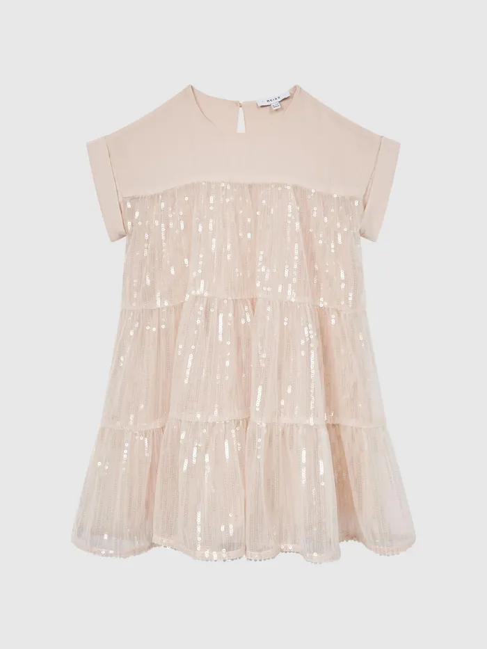 Children Luci Sequin Tiered Dress Pale Pink Reiss Dresses and Jumpsuits